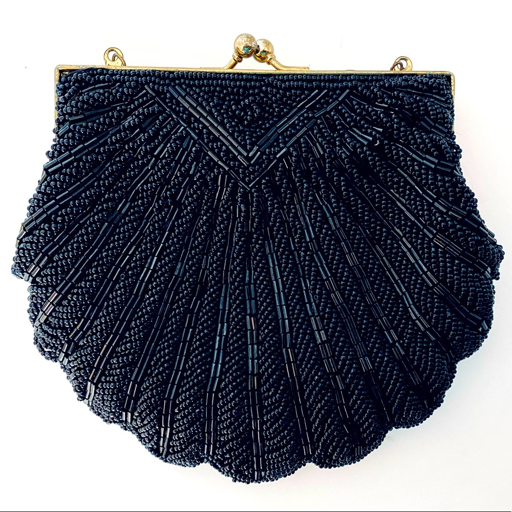 True Vintage Black Hand Beaded Silk Evening Shoulder Bag Purse Clutch Chain Drop
